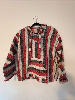Baja Sweater - Striped Hooded Red, Black & Grey
